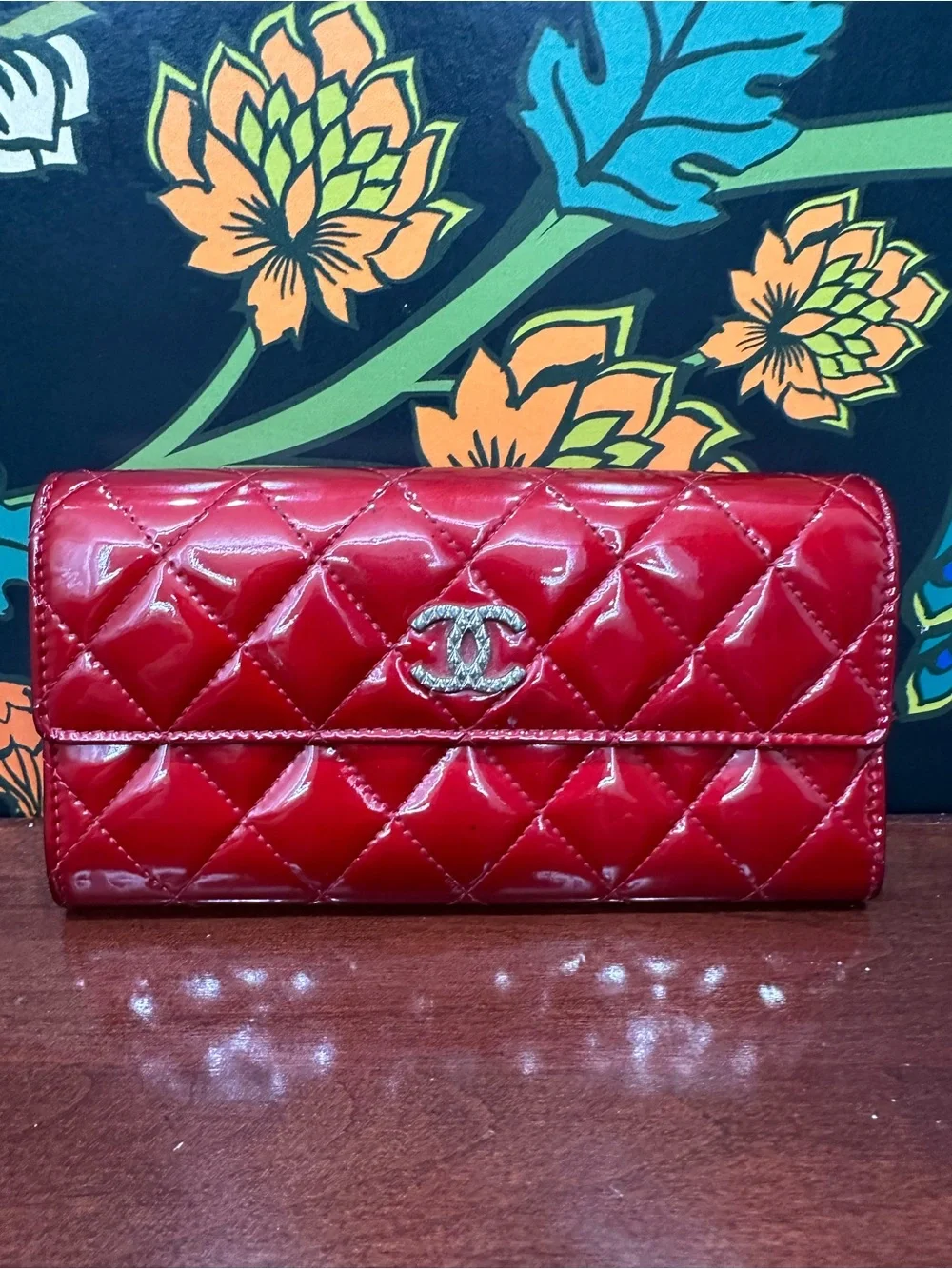 Chanel Classic Red Patent Quilted Long Flap Wallet Silver CC 13 Series